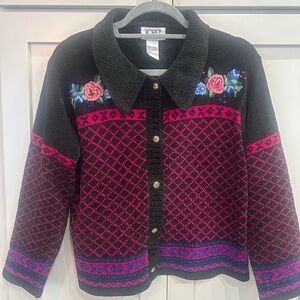 Koret Black and Pink Floral Cardigan Sweater Sz small cottagecore granny